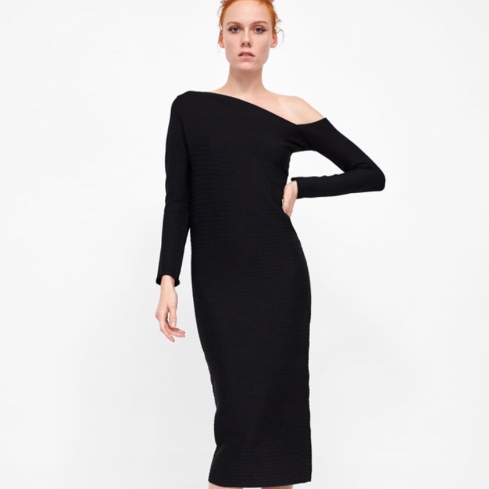 Zara Asymmetric knit one-shoulder dress